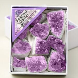 1박스 자수정 크리스탈 9개 클러스터 박스에 들어 명상 평화로운 수면 및 치유 이상적인 영적 수집 여성용