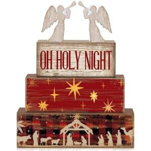 Moucuny 4개 나무 크리스마스 그리스도 성탄화 계층형 트레이 장식 소박한 천사 블록 사인 선물 주방 중앙 조각 장면 테이블 ( 님)