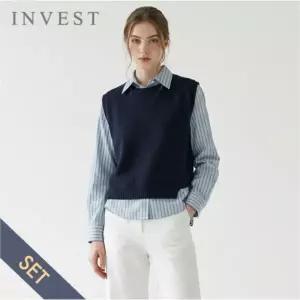 [인베스트] 줄무늬 카라 블라우스+니트 조끼 세트_IN6S1BL5051