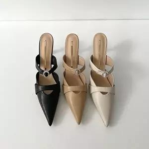 [엄지척]메리제인 605JQO74 큐빅스트랩 슬리퍼힐 발등 뾰족 스틸레토힐