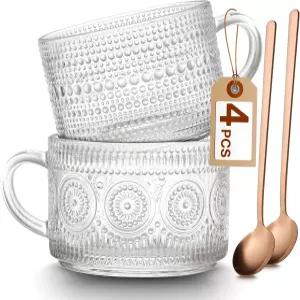 맥코이 빈티지 커피 머그잔 세트 2 14온스 엠보싱 유리컵 손잡이 카푸치노 라떼 시리얼 요거트 우유 핫