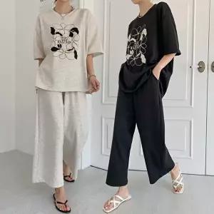 [유야]여성 플라워 면 반팔 롱티셔츠 와이드팬츠 세트 SPST0386 봄 여름