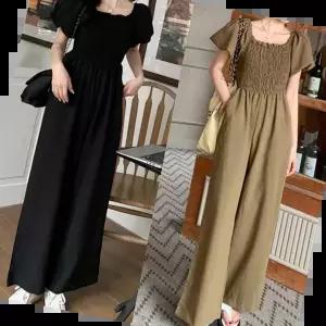 여성멜빵반바지 스모크밴딩 오프숄더 밴딩 점프수트 넥프릴 와이드핏