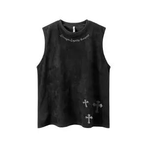 남성용 민소매 빈티지 스트리트 십자가 프린트 나시 남인스패션 힙합 루즈핏 스웨이드 티 KS1