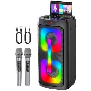 2개의 무선 마이크, 블루투스 스피커, LED 조명, 5.3 및 TWS 스테레오를 갖춘 노래방 기계 휴대용 PA 시스템, 홈 파티 야외 모임을 위한 Type-C /USB /TF /AUX 지원