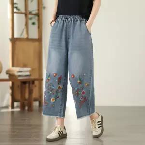 여성청바지 봄 캐릭터 자수 레터링 트리밍 허리밴딩 오버핏 8부 데님팬츠 심쿵해외구매