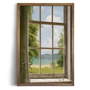 롤드 캔버스 24x36 프린트 벽 장식 - 윈도우 뷰에서 자연 예술 침실, 거실 사무실 고요한 해변 호수 포토그라 나무 여름 코스탈 오션 트리 숲