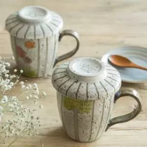 이천도자기 수채화 뚜껑 머그컵 9.5cm 도자기 물컵 홈카페 선물용