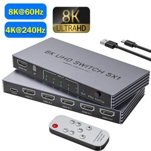 업그레이드 8K@60Hz 4K@240Hz HDMI 스위치 5입력 1출력 48Gbps 울트라 스위처 비디오 셀렉터 리모컨 지원