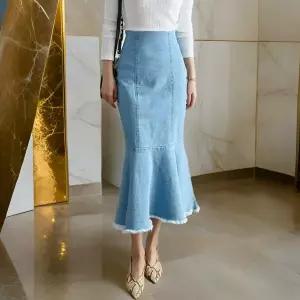 여자 머메이드 청 데님 치마 빈티지 롱스커트