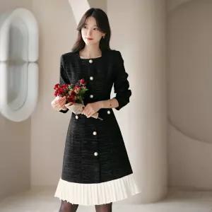 [시크라인] (~XXL까지) 타미렐르 플리츠 포인트 트위드 원피스 가을 겨울 하객룩 오피스룩 모임룩 격식룩 빅사이즈