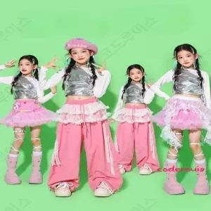 코드루이스 섹시 핫걸 핑크 실버 걸그룹 초등 방송 댄스복 레이스 스커트 학예회 의상