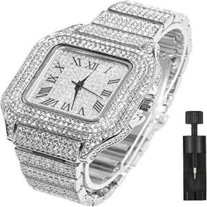 남성용 압직 다이아몬드 스 아웃 시계 CZ 골드 도금 40mm 너비 로마 숫자 다이얼 쿼츠 손목 밴드