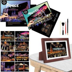 성인용 스크래치 아트 페이퍼 호일 - 다채로운 도시 시리즈 성인/청소년용 페인팅 및 스케치 공예 선물 각인 세트