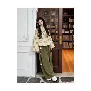 겨울 여자정장세트 한 벌 빅사이즈 패딩 코트 그린 와이드 바지 빈티지 세트 ible4