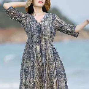 여성 브이넥 원피스 모시 여름 드레스 휴양지 바캉스 (KYR-WFFQE0T)