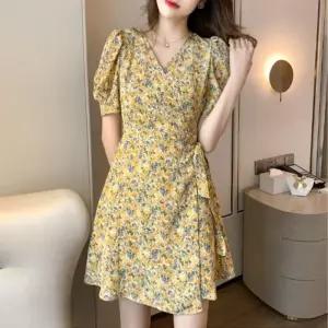 [라일리여성의류] Rly 퍼프 여름 반팔 브이넥 랩 쉬폰 플라워 원피스