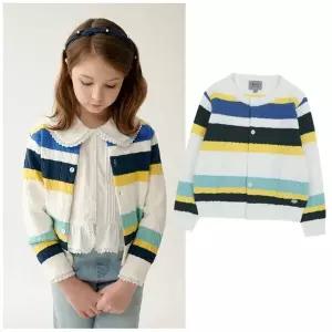 빈2 (BZ14CK01IV) 아동 여아 멀티 스트라이프 라운드 니트 가디건 초등