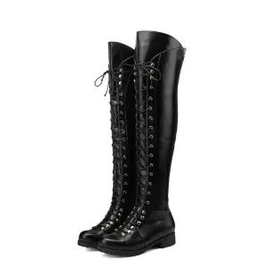 Yishaweiqi Over The Knee High Boots PU Leather Riding boots Lace-up Flat Long Boots
