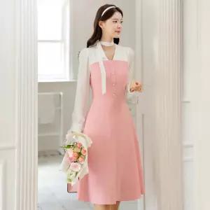 [시크라인] (~XXL까지) 아텔라 배색 타이 트위드 플레어 원피스 봄 가을 하객룩 오피스룩 모임룩 격식룩 빅사이즈