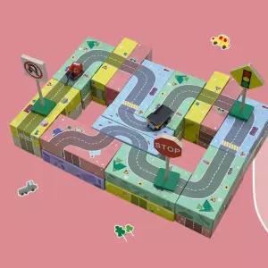 2in1 교통도로놀이 집짓기 쌓기 종이 벽돌 블럭30p 네모 협동 공사 공간만들기 블록