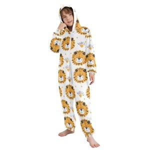 알라자 사자 귀여운 동물 원시 파자마 소프트 플란넬 점프수트 집업 슬립웨어 후드 라운지웨어