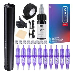 마스트 투어 플라이 타투 무선 건 키트 프로 펜 머신, Rca 잭 부품, 니들 카트리지 트리플 블랙 잉크 포함