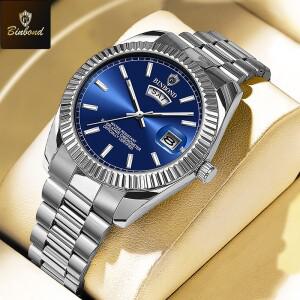 BINBOND Mens 쿼츠 시계 탑  스포츠 남성용 스테인레스 스틸 방수 날짜 주 손목 Relogio