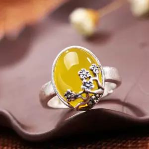 S925 옐로우 루비 칼세도니 마노 원석 매화 반지 황옥빈티지 장신구 엄지 레트로 알반지 불교 실버링 비취