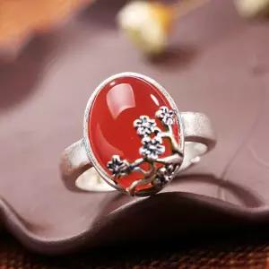 S925 옐로우 루비 칼세도니 마노 원석 매화 반지 홍레트로 알반지 불교 실버링 비취 쌍가락지 빈티지 장신