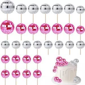 30개 디스코 볼 컵케이크 토퍼 70년대 레트로 케이크 장식과 스틱 샤이니 미니 픽 디저트 생일 장식용 테마