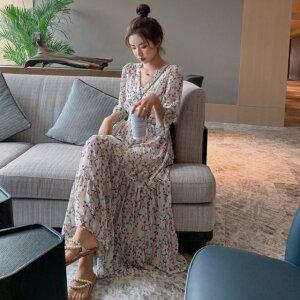 7부 플라워 맥시 쉬폰 롱원피스 휴양지 반팔 여름 드레스 TS086