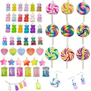 보석 열쇠고리 목걸이 팔찌 귀걸이 제작, DIY 공예 용품을 위한 50가지 다양한 색상의 캔디 펜던트 매력, 귀여운 롤리팝 곰 레진 매력