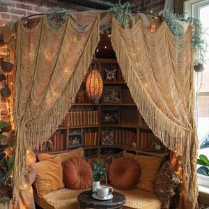 마크라메 커튼 보호 출입구 창문 벽 장식 섬유 실 아트 핸드웨븐 벽걸이 장인 정신 홈 도어 침실 결혼식 배경 아치, 옷장 방 칸막이 59인치 W x 75인치 H (1 패널, 카키)