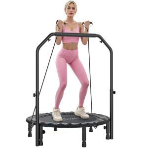 [미국배송] 수지에 40인치 접이식 미니 트램펄린 조절 가능한 폼 핸들 및 저항 밴드가 있는 성인용 리바운더 실내 야외 운동을 위한 피트니스 리바운더 최대 하중 330파운드 블랙