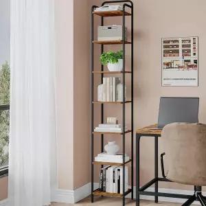 주아네리 책장 좁은 산업 코너 선반 보관 정리함 홈 오피스 거실 침실 주방 7단 러스틱 브라운 및 블랙