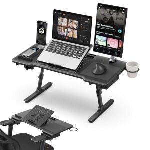 Newtral 노트북 침대 트레이 책상, 높이 및 각도 조절 가능한 접이식 스탠드, 컵 홀더, 마우스 패드, 테이블 북스탠드 게임, 작업, 소파 사무실 의자 사용 (블랙, 업그레이드)