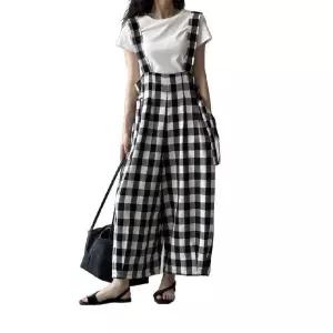 여성체크멜빵바지 팬츠 점프수트 루즈핏 와이드 패션 블랙 점프슈트 빈티지 나시 캐주얼