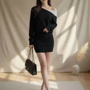 [하프클럽/]여성 언밸런스 오프숄더 가오리 니트 미니 배색