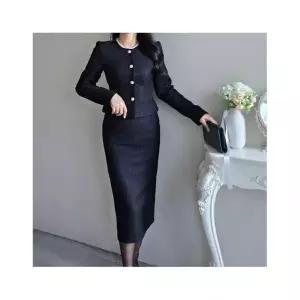 엘린무드 세트 웨이 트위드 노카라 자켓 h라인 스커트 셋업 정장 투피스 2COLOR