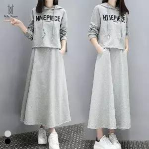 벨라도나 사계절 여성 캐주얼 후드티셔츠+A라인 롱스커트 투피스셋업 사이드주머니 Bon-2609