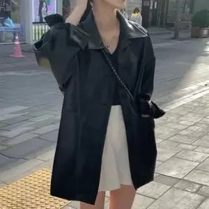 [하프클럽/옷자락]여자 가을 인조가죽 오버핏 하프 레더 자켓