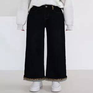 [WPBG]레오파드 테잎 롤업 소프트 기모 하이웨스트 와이드 데님 팬츠