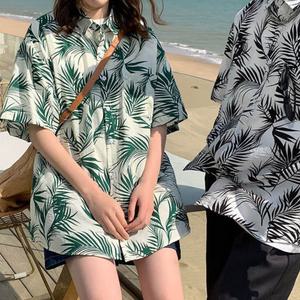 박시한 루즈핏 커플시밀러룩 바캉스룩 야자수 하와이안 반팔 남방 티셔츠