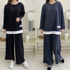 허밍퍼플 여성용 6404-CN 플리트 패치 세트 빅사이즈 상의 하의 레이어드 데일리룩 오버 플러스 여성의류