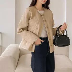 여자 가죽점퍼 간절기 퀄팅 히든포켓 라운드넥 자켓