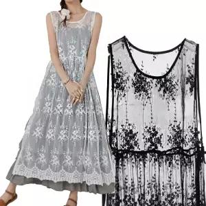 시스루 레이스 롱 원피스 꽃 자수 망사 레이어드 트임 뷔스티에