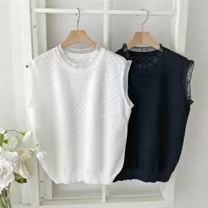 여성 데일리 와플 비스코스 라운드넥 민소매 니트