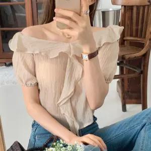 여자 오프숄더 러플 프릴넥 시스루 퍼프반팔 블라우스