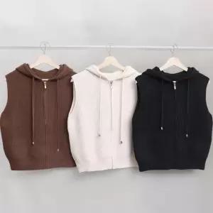 여성 골지 후드 집업 기본핏 민소매 울 니트 조끼